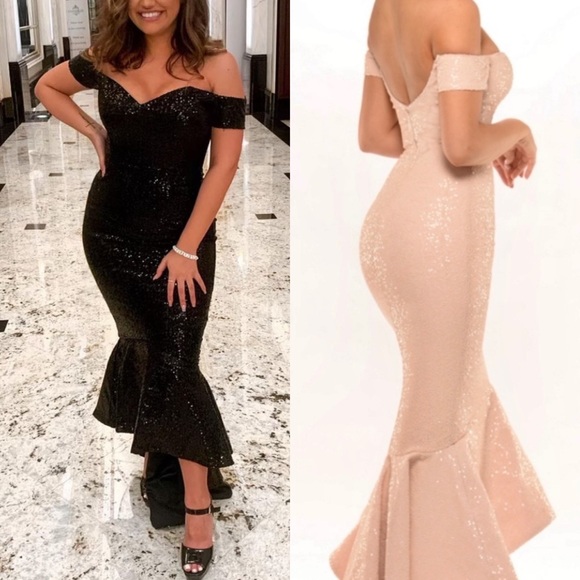 Light pink Portia & Scarlett off shoulder matte sequin midi / floor length dress - Picture 9 of 9